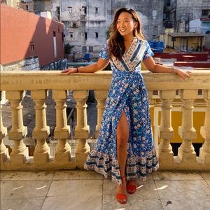 Bohemian Floral Wrap V Neck Split Beach Maxi Dress